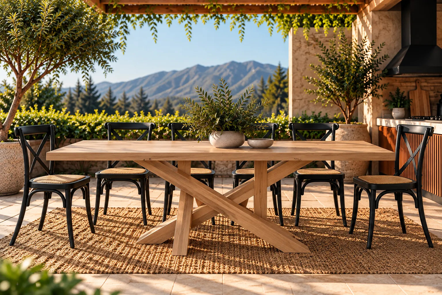 Comedor de terraza Da Vinci en lenga natural con sillas Cruzeta negras, 100% madera lenga maciza – Greenwoods